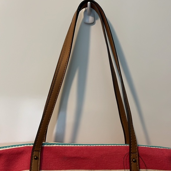 NWT Sonoma Multi Stripe Cotton Zip Faux Leather Tote - Picture 3 of 14